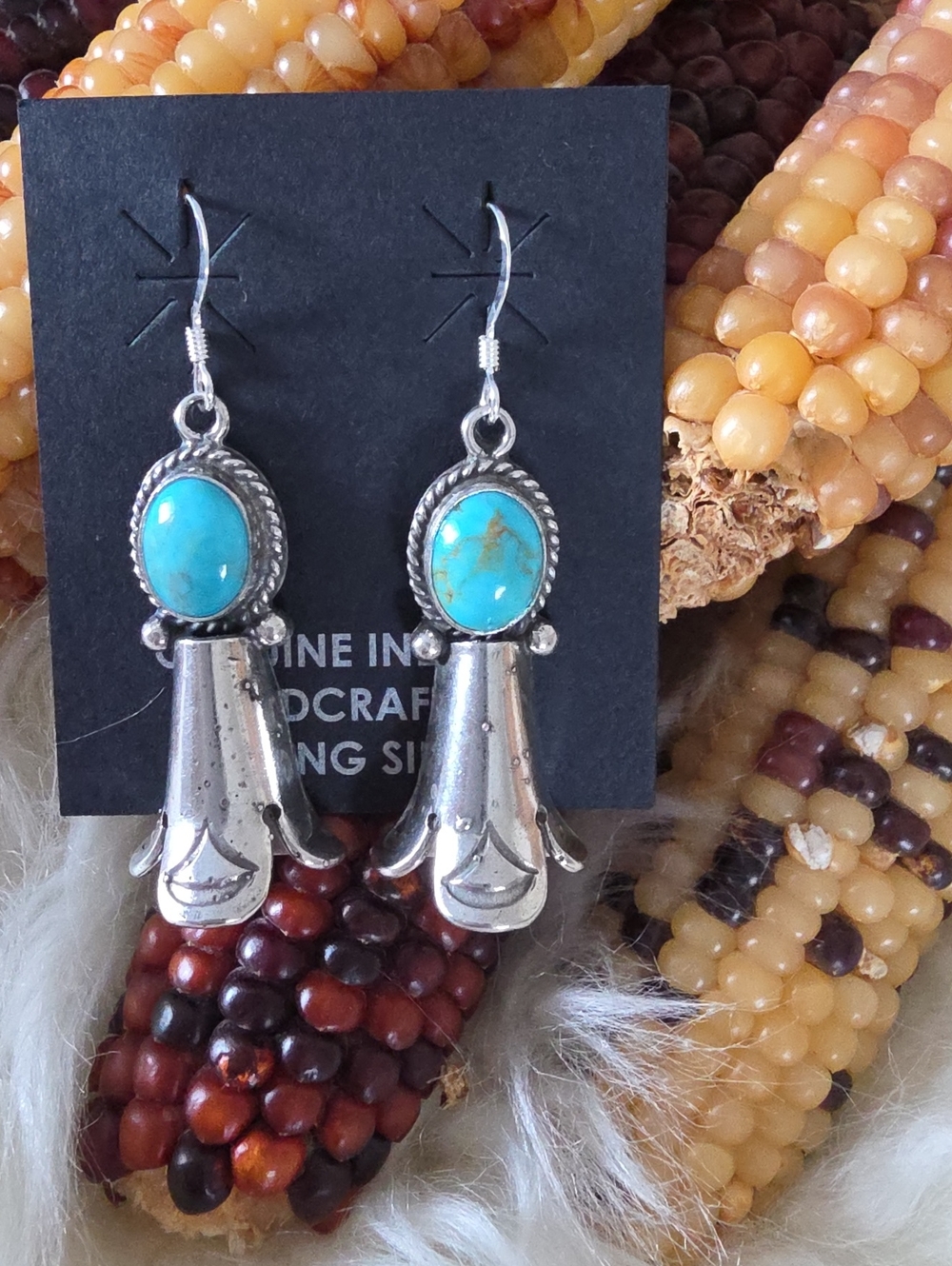 Gorgeous NWT Native American Navajo Turquoise Squash Blossom Earrings 🩵🎁🩶